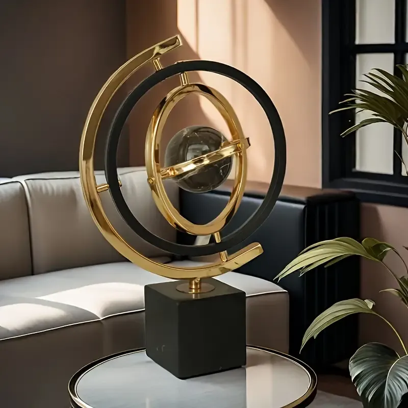 Modern Abstract Metal Globe Sculpture with Rectangular Stand - Black & Golden Art Decor
