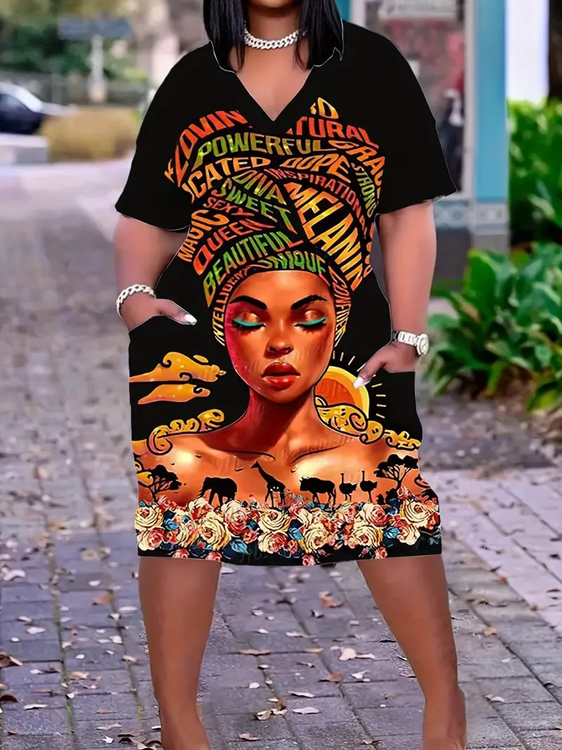 Plus Size Woman & Letter Print Pocket Dress, Casual V Neck Short Sleeve Dress For Spring & Summer, Women's Plus Size Clothing