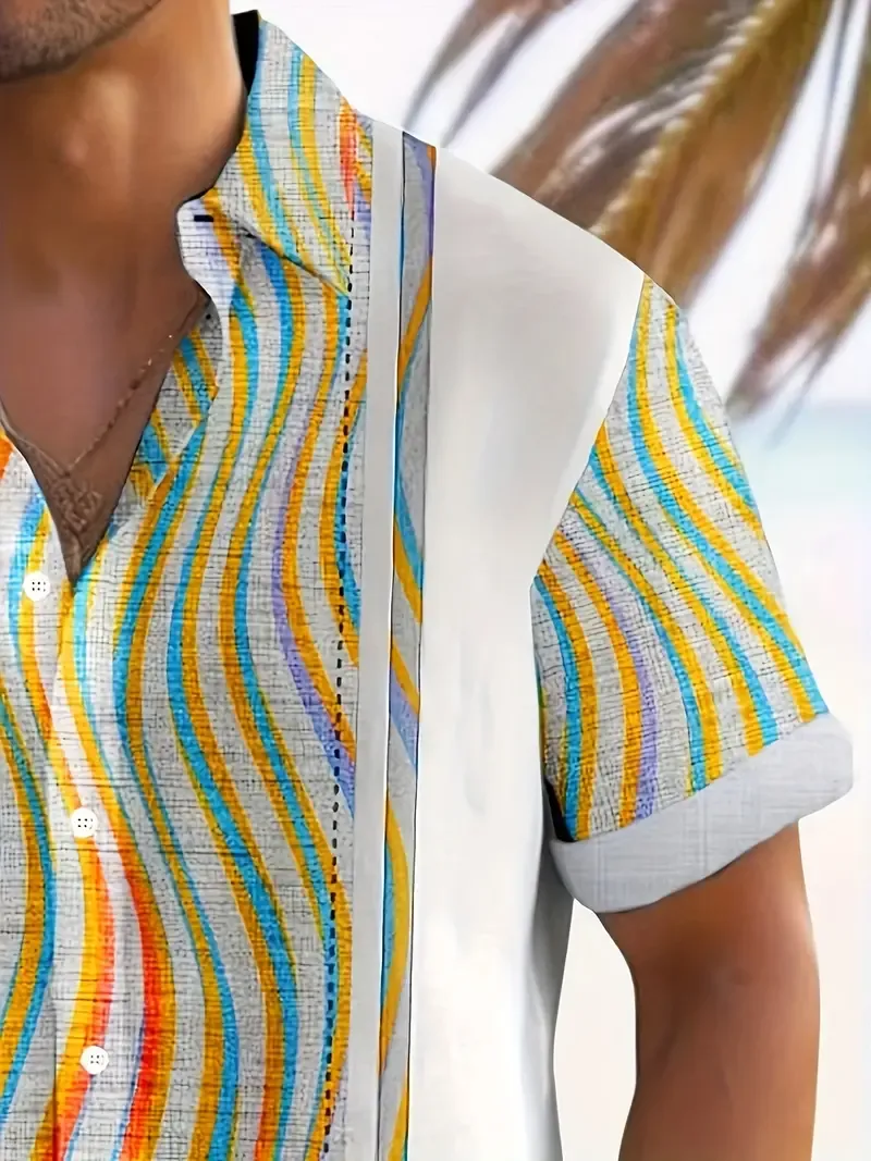 Vintage Rainbow Striped Print Men's Button Up Short Sleeve Shirt – Retro Style Casual Summer Shirt For Outdoor Activities Holiday Leisure Time