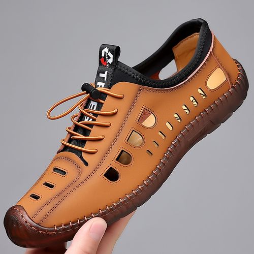 Summer men's leather casual men's shoes soft sole men's casual hollow hole shoes breathable leather sandals