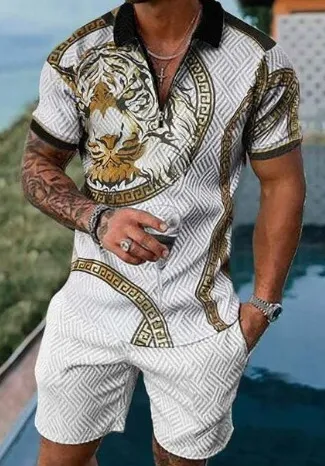 European and American men's new casual contrast color POLO zipper lapel shirt short sleeve suit