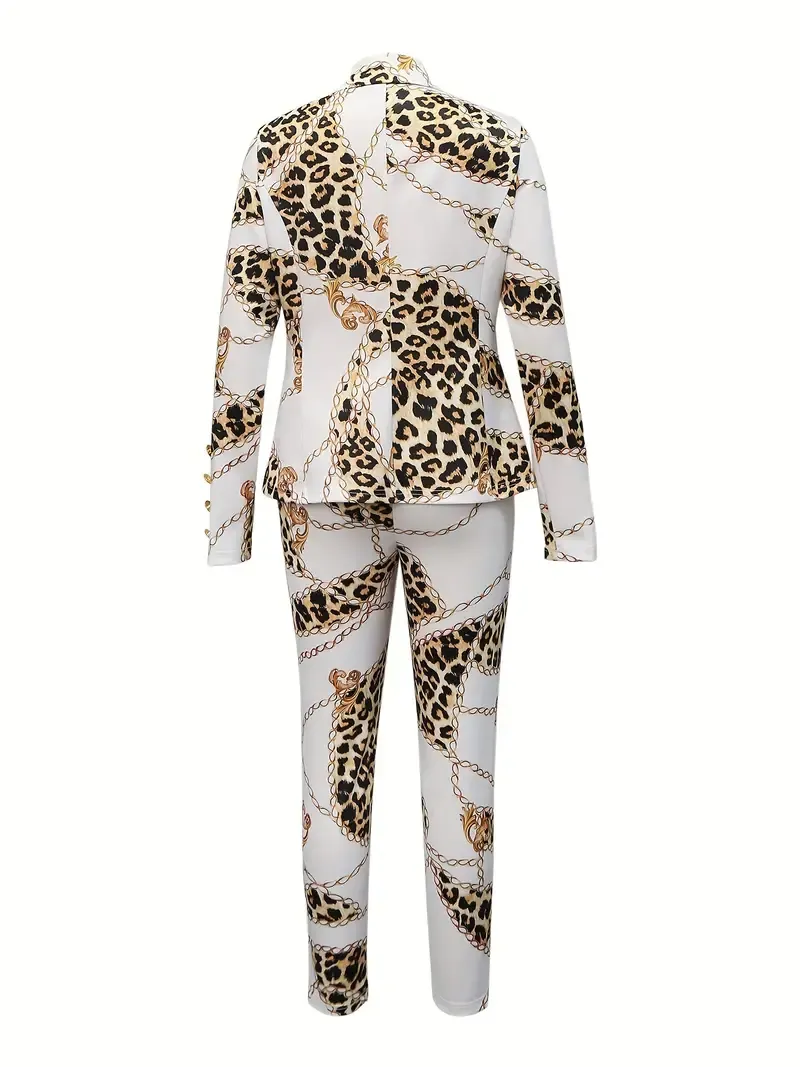 Chain Print Casual Two-piece Set, Lapel Long Sleeve Blazer & Pants Outfits, Women's Clothing