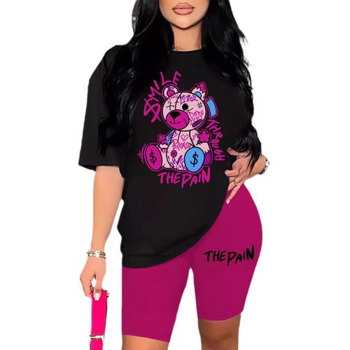 Letter & Bear Print Crew Neck T-Shirt Set, Casual Short Sleeve T-Shirt For Spring & Summer, Women's Clothing