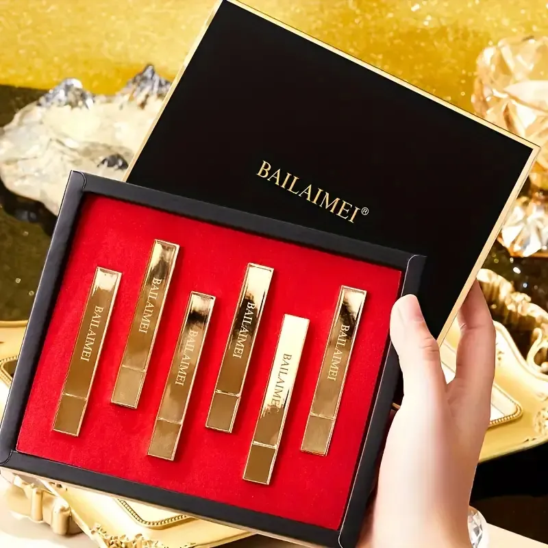 6pcs Berry Shade Lipstick Set - Matte Finish, Long-Lasting Waterproof Formula, Perfect Valentine's Gift in Elegant Golden Box