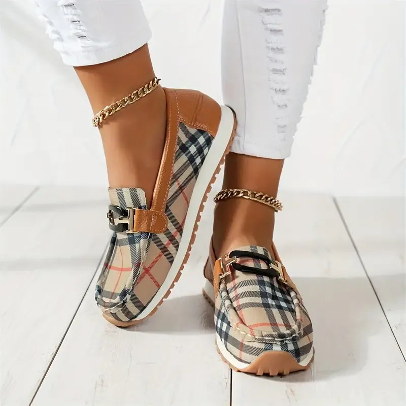 Women's Casual Slip-On Flats with Classic Metal Buckle, Striped Print, Fabric Upper & Lining, Lightweight Rubber Sole, Comfortable Non-Slip Summer Loafers