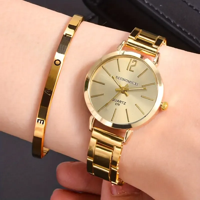 Women's Watch Hiphop Golden Fashion Quartz Watch & Love Bangle, Valentines Gift For Her