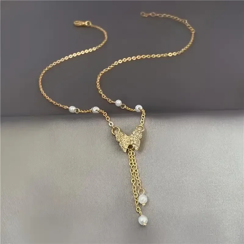 1pc Bling Bling Elegant Style Artificial Pearl Butterfly Pendant Necklace Collarbone Chain Suitable For Women Banquet Accessories