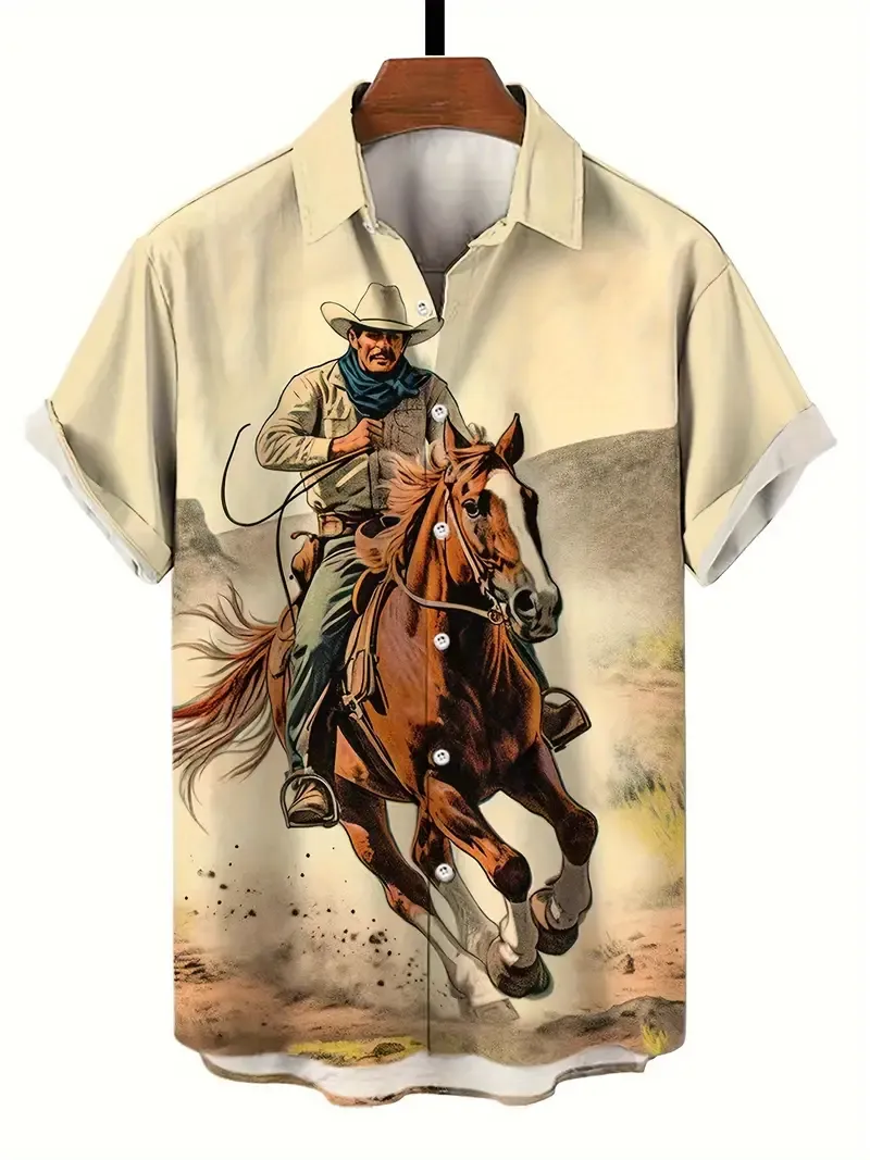 Anime Western Cowboy Pattern Men's Short Sleeve Button Down Shirt, Summer Resort Vacation, Special Gift