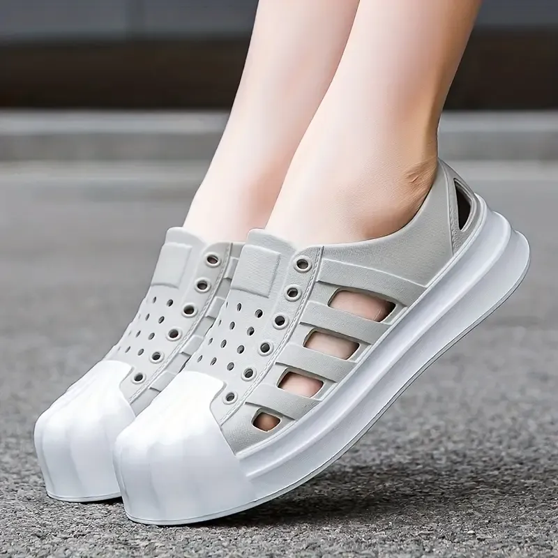 Women's Hollow Out Flat Sandals, Solid Color Breathable Slip On Clogs, Casual Outdoor Non Slip Water Shoes