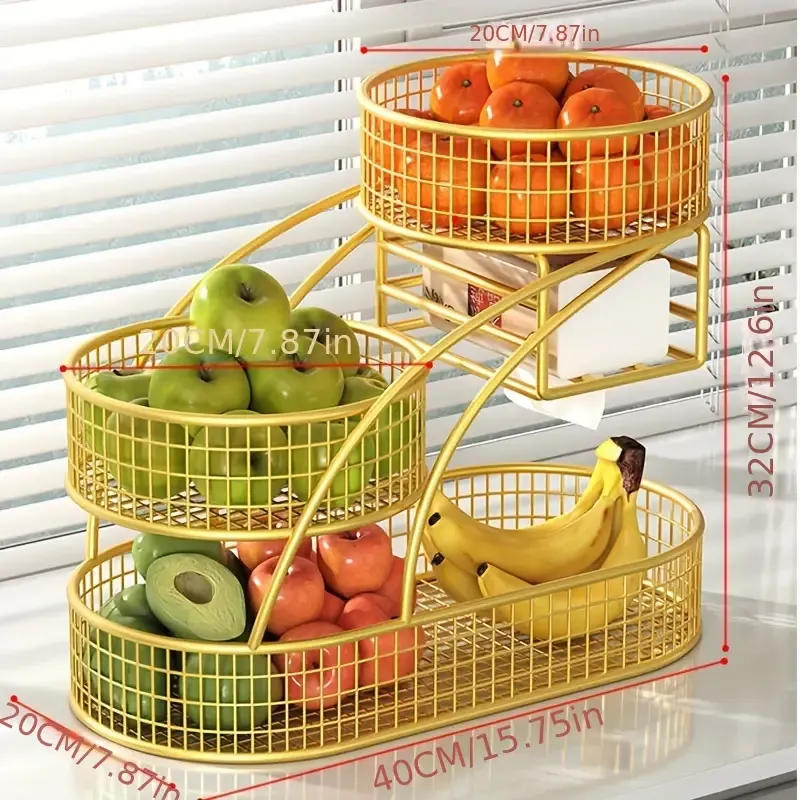 Tier Oval Iron Fruit Basket Stand for Kitchen and Living Room, Countertop Lacquered Multi-Level Storage Organizer for Snacks and Dry Fruits, Luxury Decorative Display Rack