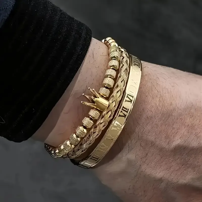 3pcs Men's Fashion Hip Hop Stainless Steel Braided Crown Bangle Bracelet