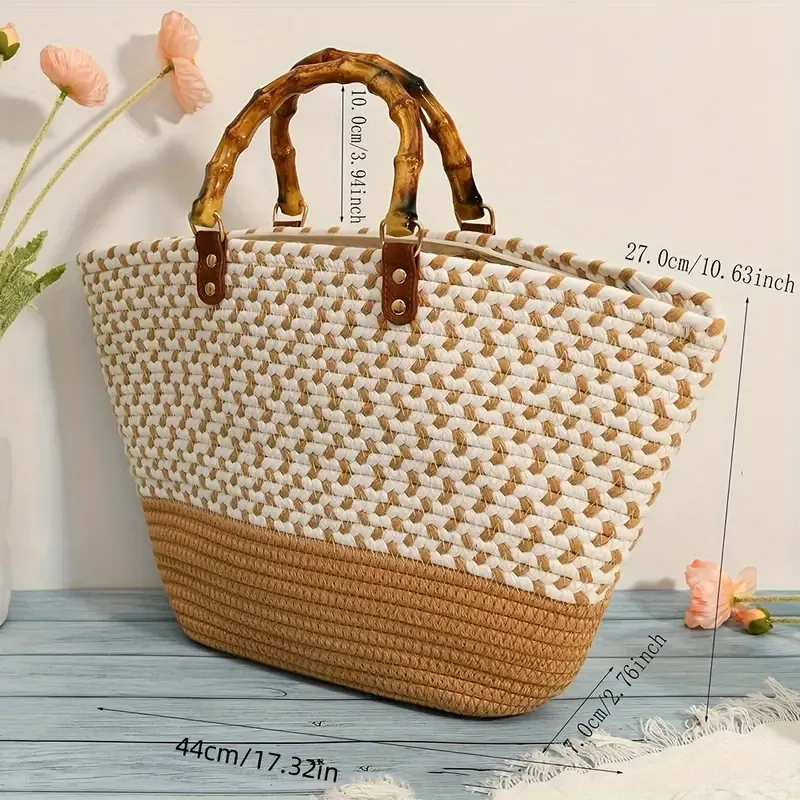 Women's Woven Bamboo Tote Bag, Retro Leopard Print Beach Vacation Casual Travel Handbag With Zipper Closure, Beige And White