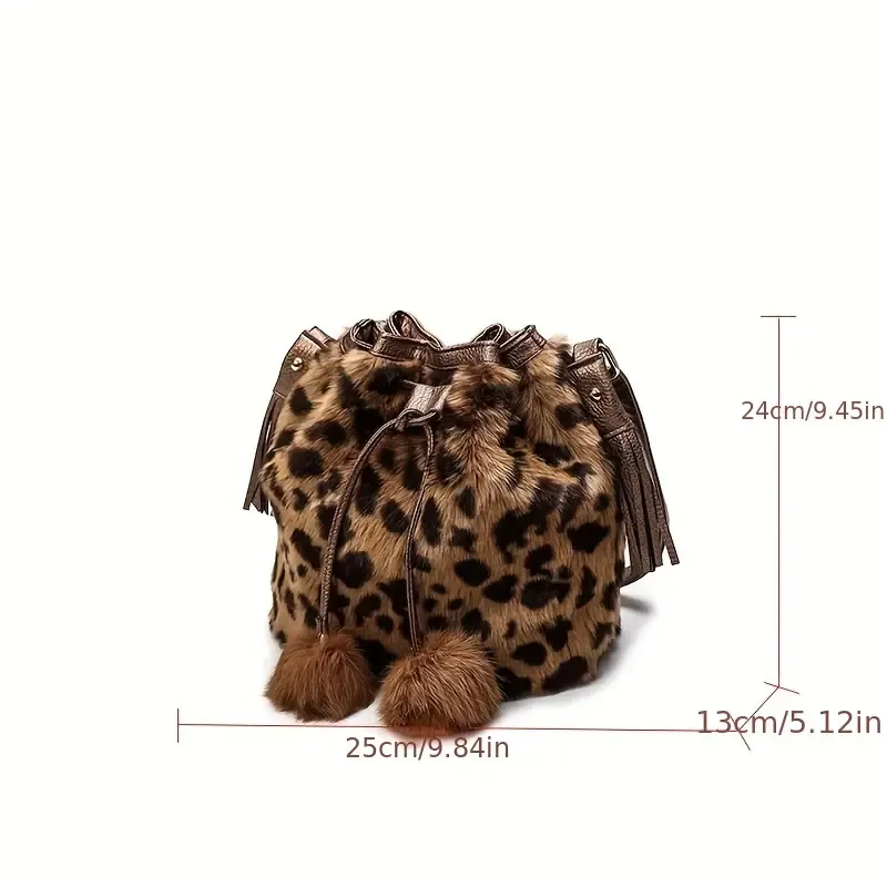 Plush Leopard Pattern Bucket Bag, Trendy Drawstring Crossbody Bag, Luxury Shoulder Purse For Women