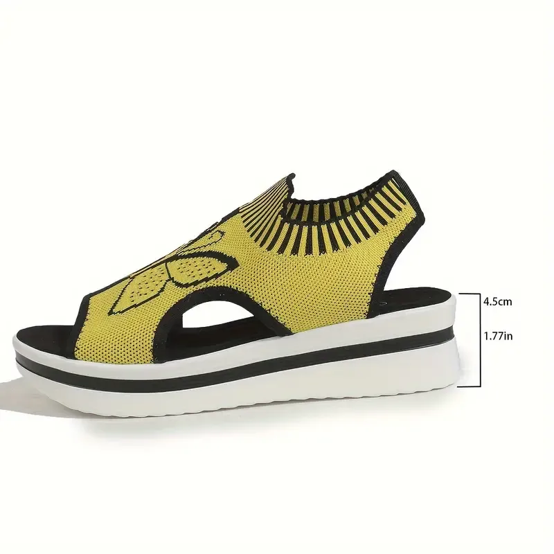 Women's Contrast Color Knitted Sandals, Platform Slip On Walking Comfort Shoes, Butterfly Wedge Stretch Shoes