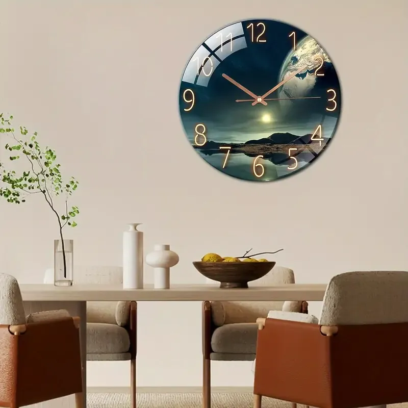12-Inch Silent Glass Wall Clock with Earth Landscape Design - Thick Tempered Glass, Battery Operated (AA), Perfect for Living Room & Bedroom Decor, Ideal Gift for Christmas, Halloween, Birthdays