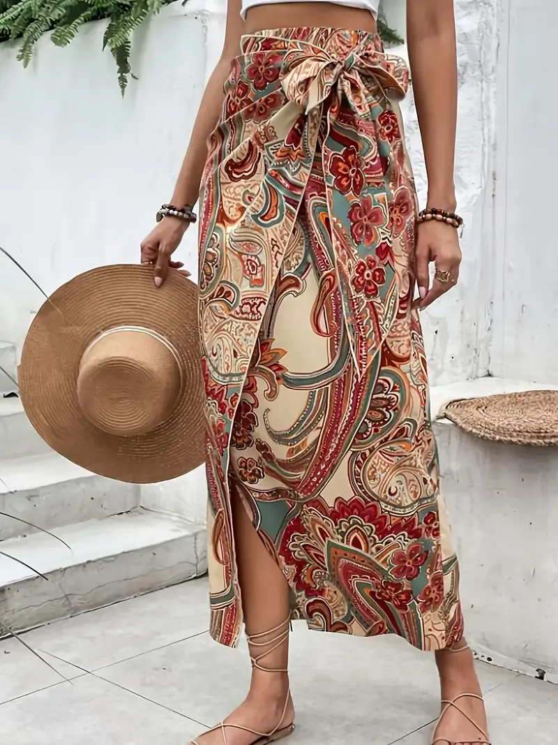 Paisley Print Wrap Tie Skirt, Vintage Slim High Waist Skirt For Spring & Summer, Women's Clothing