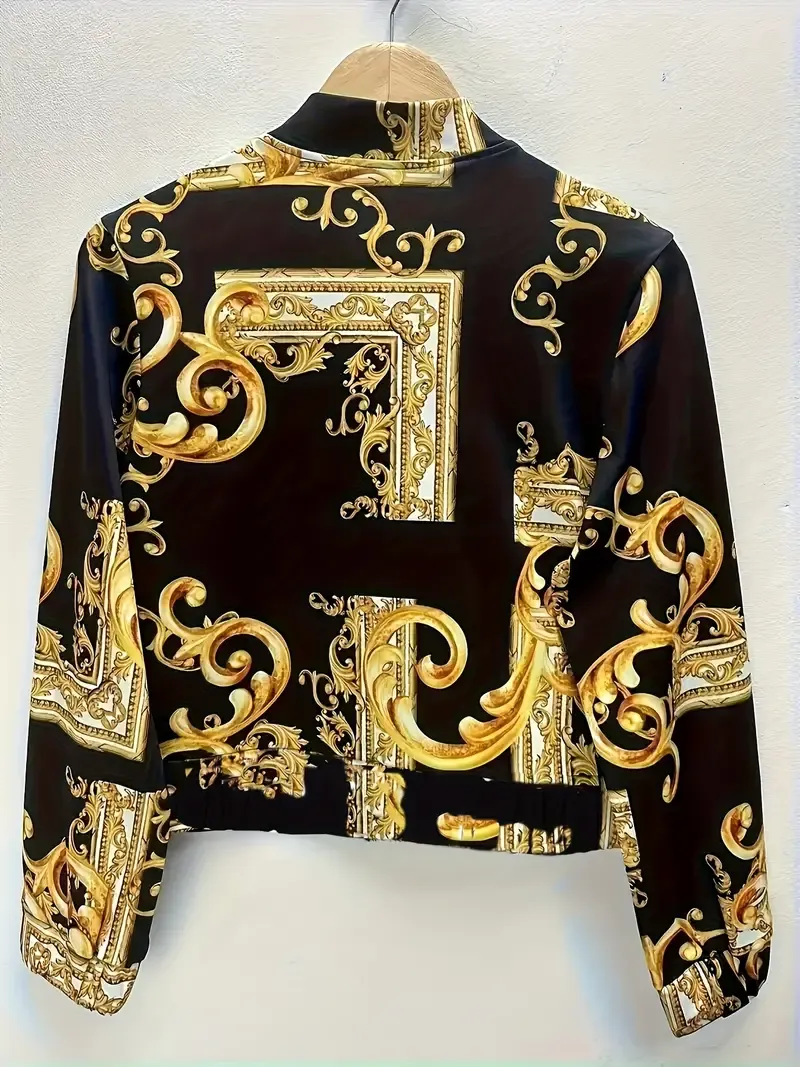 Plus Size Casual Jacket, Women's Plus Baroque Print Long Sleeve Zip Up Crop Bomber Coat