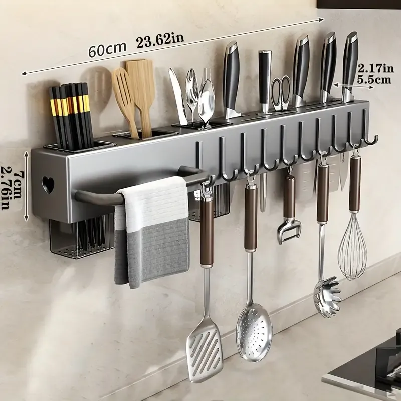 1pc, Wall-Mounted Kitchen Utensil Holder, No-Drill Metal & Plastic Utensil Storage Rack With Hooks, Multi-Functional Hanging Organizer For Cookware And Cutlery, Space Saving Tool Shelf, Kitchen Stuff Kitchen Accessories