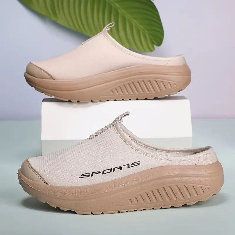 Women's Solid Color Casual Sneakers, Platform Slip On Soft Sole Mesh Walking Shoes, Half Drag Breathable Shoes plus size