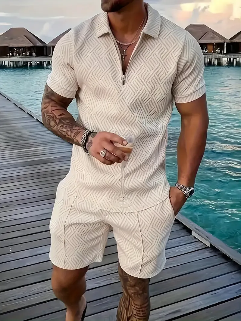 2pcs Men's Solid Full Digital Print Summer co ord set, Casual Style Zipper Lapel Short Sleeve Shirt And Matching Shorts Set, Summer Hawaiian Holiday