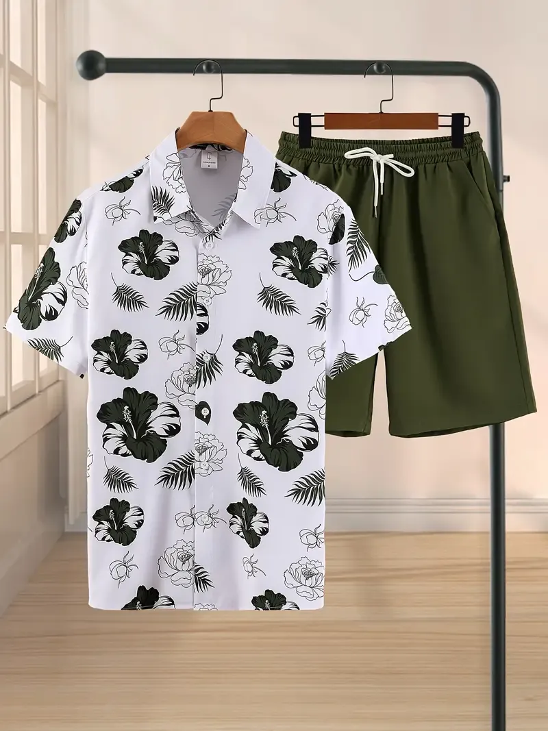 Men's Trendy Casual Comfy Tees & Shorts, Leaves Print Lapel Short Sleeve T-shirt & Loose Shorts With Drawstring Pockets Home Pajamas Sets, Casual Sets For Summer