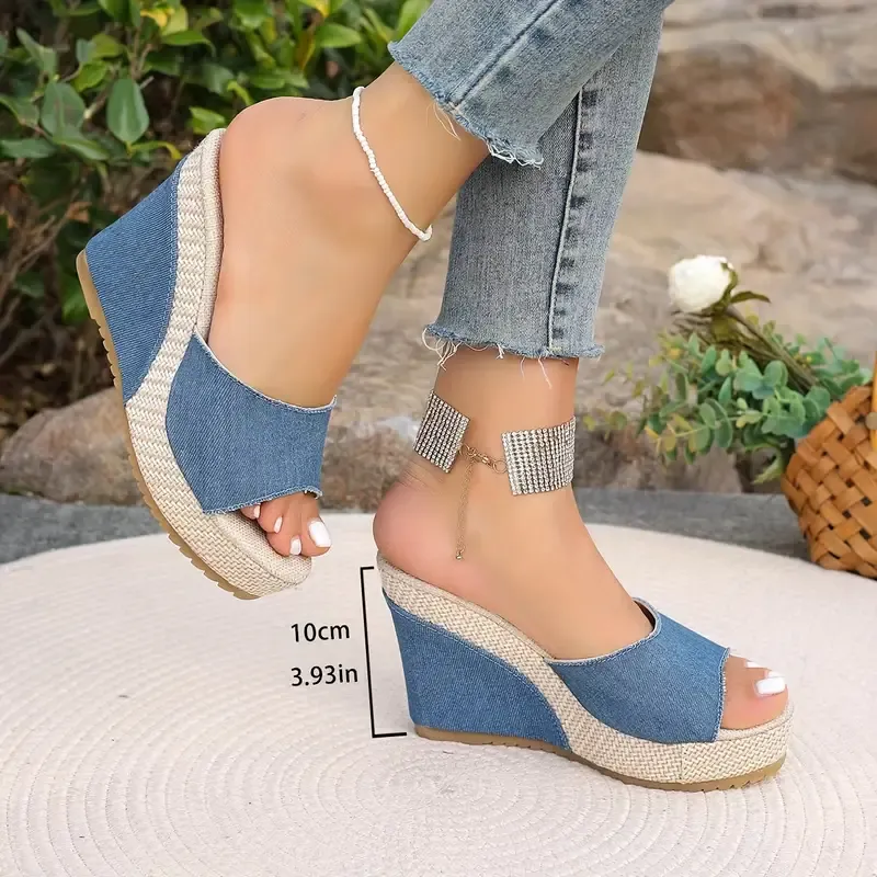 Women's Solid Color Casual Sandals, Platform Slip On Peep Toe Walking Slides, Comfort Wedge Beach Shoes