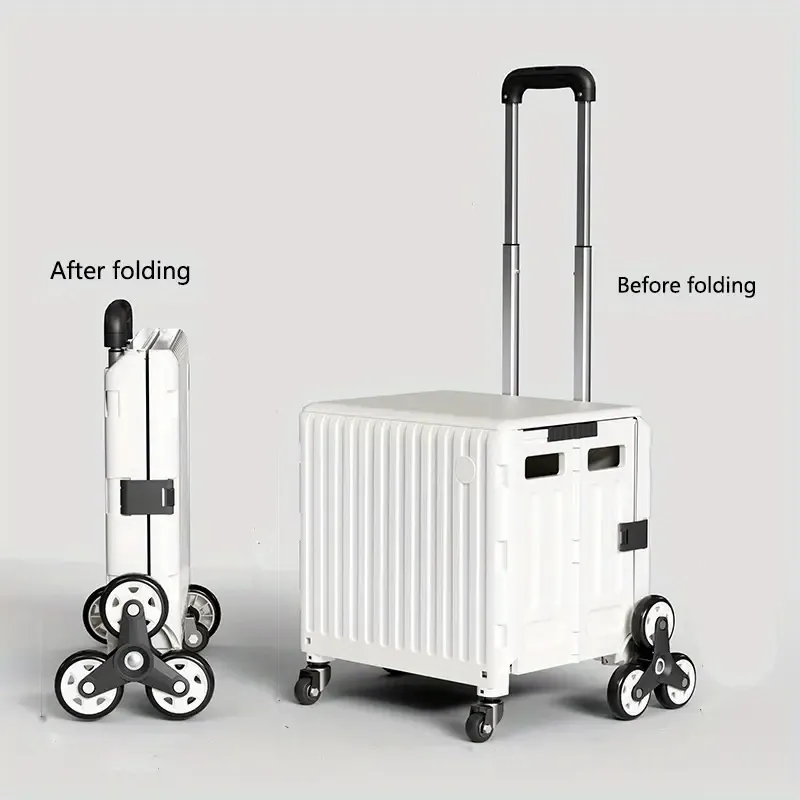 Portable Rolling Picnic Cart with Lid, Lightweight Pull-Along Suitcase with Hardwood Grain Finish, Durable Plastic and Metal Construction, Foldable and Collapsible, Modern Design Storage Organizer