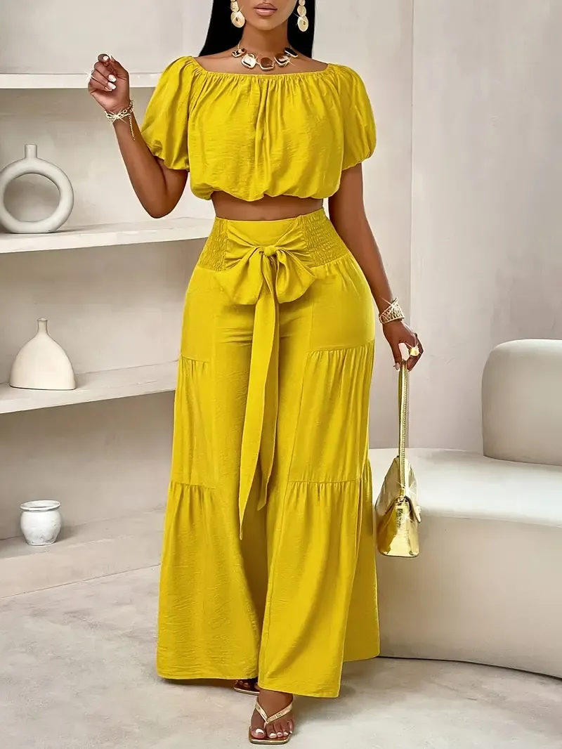 Two-piece Solid Vacation Style Outfits, Off Shoulder Puff Sleeve Top & Loose Tie Shirred Waist Wide Leg Pants Set for Summer, Women's Clothing