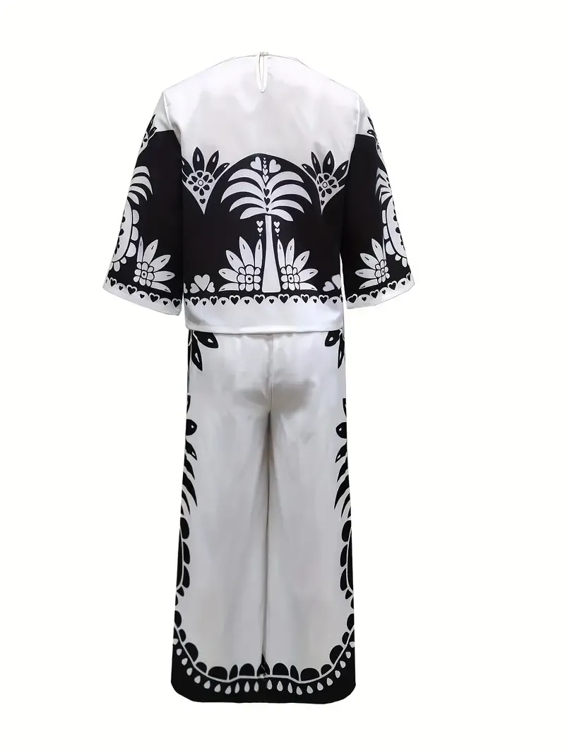 Floral Print Casual Pantsuits, Half Sleeve Crew Neck Crop Top & High Waist Wide Leg Pants Outfits, Women's Clothing