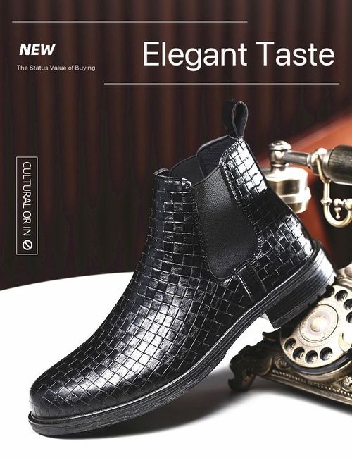 Men's woven texture Chelsea casual Martin boots, glossy high elasticity men's boots