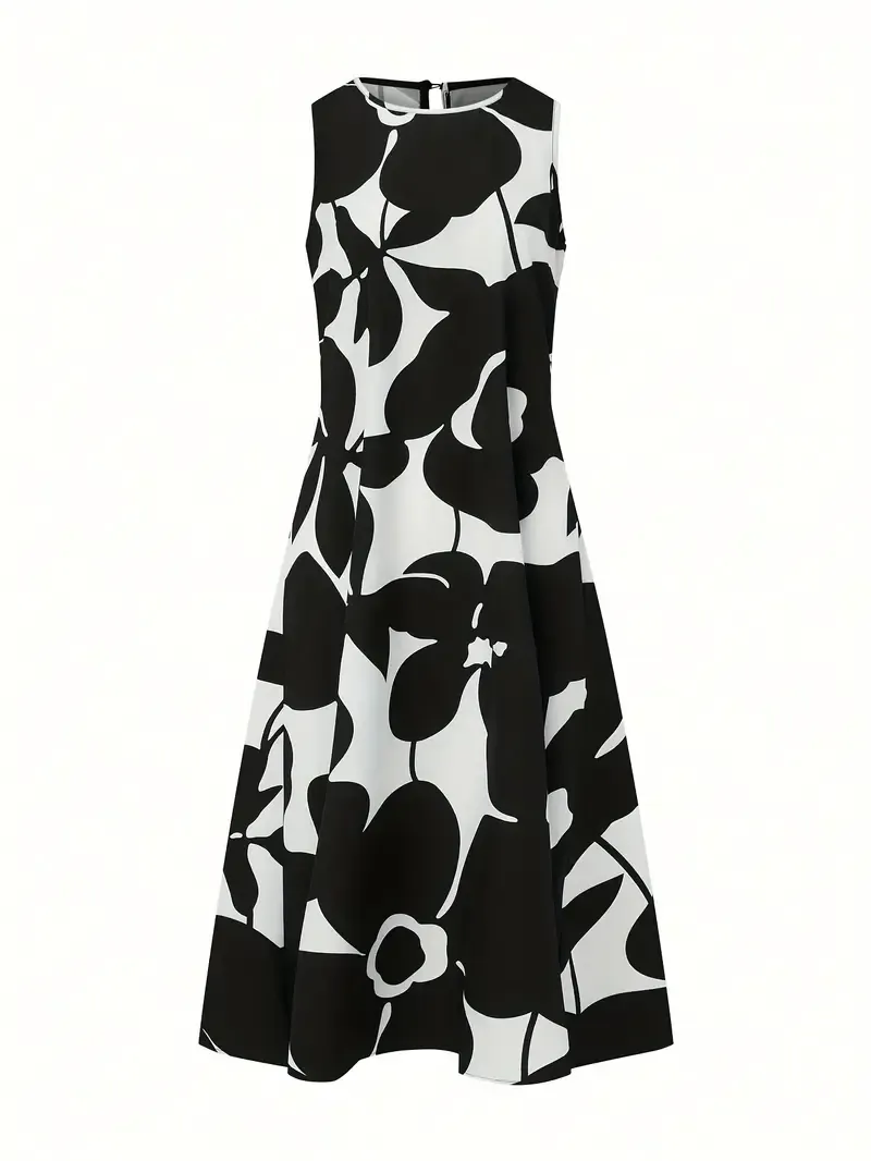 Plant Print Crew Neck Tank Dress, Casual Sleeveless A-line Tank Dress For Spring & Summer, Women's Clothing
