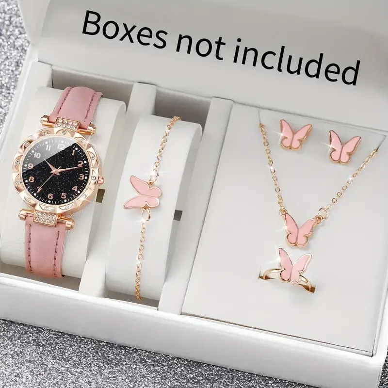6 Piece Diamond British Watch Butterfly Jewelry Set for Women