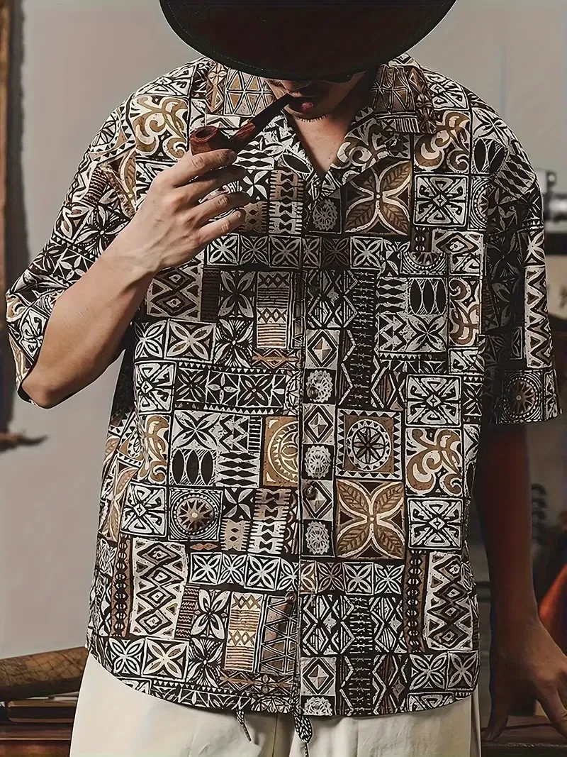 Creative Print Men's Summer Fashionable And Simple Short Sleeve Button Casual Lapel Simple Shirt, Trendy And Versatile, Suitable For Dates, Beach Holiday, As Gifts