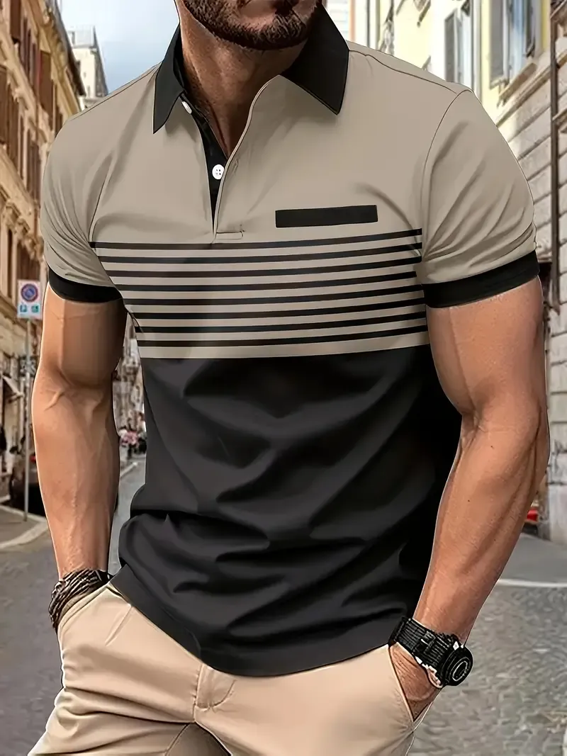 Men's Color Block Striped Executive Shirt, Casual Short Sleeve Shirt For Summer Outdoor