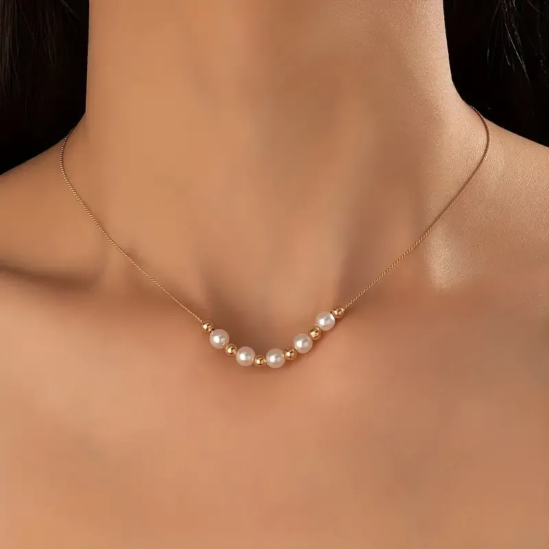 1pc White Faux Pearls Beads Thin Chain Necklace Simple Versatile Minimalist Neck Chain Jewelry
