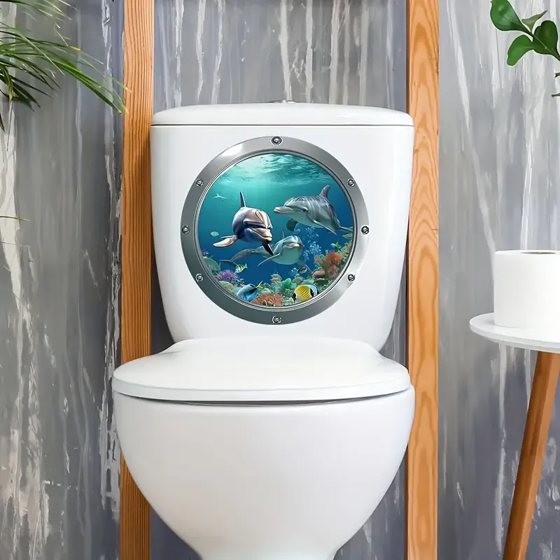 1 pcs  Ocean World Porthole Toilet Tank Decal, Underwater Sea Life Sticker for Bathroom, Wall Mural Creation, Indoor Decorative Accessory, Plastic, No Electricity Needed