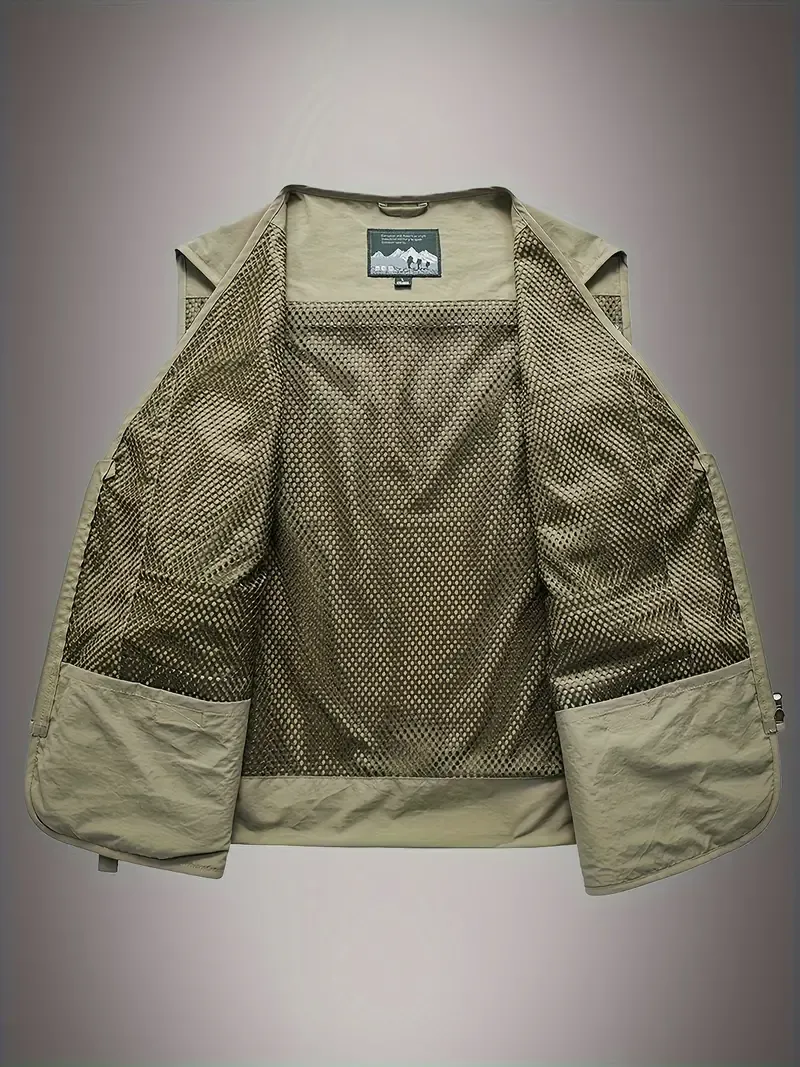 Men'S Casual Nylon Vest, Unisex Outdoor Fishing Photography Vest, V-Neck, Solid Color, Regular Length, Sleeveless, No Belt, Spring Season, Multiple Pockets, Zippered Front, Regular Fit, Woven Fabric
