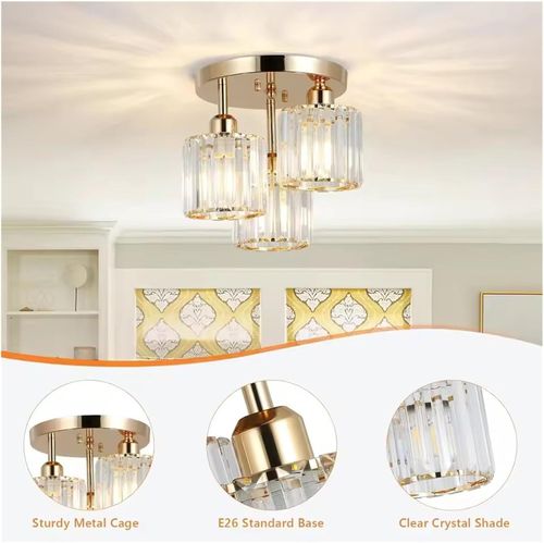 Modern Semi-Flush Mount Crystal Pendant Lights - Metal with Shade, Switch Control, Hard-Wired, E27 Base, Compatible with 110-240V for Kitchen, Bedroom, Hallway, Entryway, Dining Room