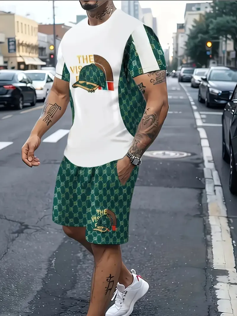 2Pcs Creative Pattern Cap Print Outfits For Men, Short Sleeve T-shirt & Shorts co ord set For Outdoor Sports