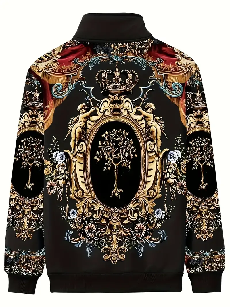 Men's Casual Printed Baseball Collar Jacket, Chic Bomber Jacket For Fitness