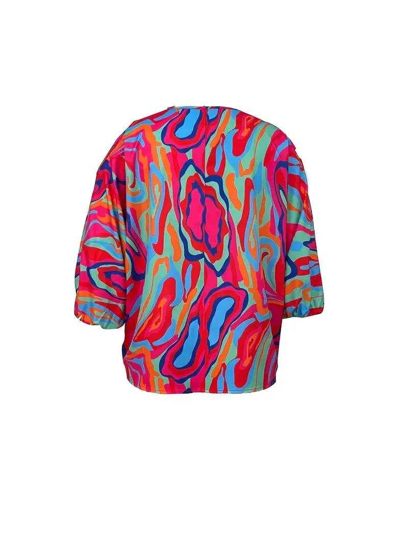 Abstract Print Half Zip Blouse, Casual Long Sleeve Blouse, Women's Clothing