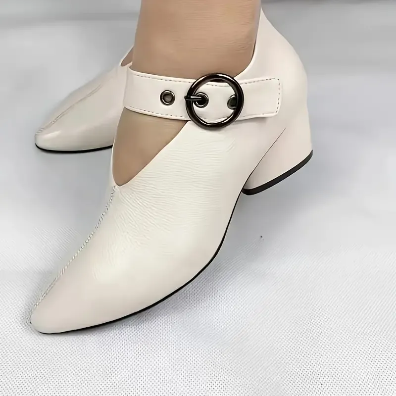 Women's Solid Color Trendy Shoes, Ankle Buckle Comfy Chunky Heel Daily Shoes, Versatile Point Toe Soft Sole Shoes