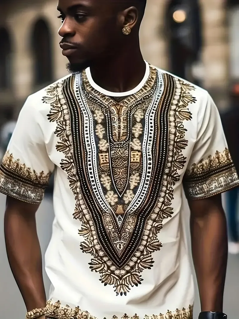 Men's Ethnic Style Graphic Pattern Print Crew Neck And Short Sleeve T-shirt For Summer Leisurewear, Casual And Comfy Tops For Men
