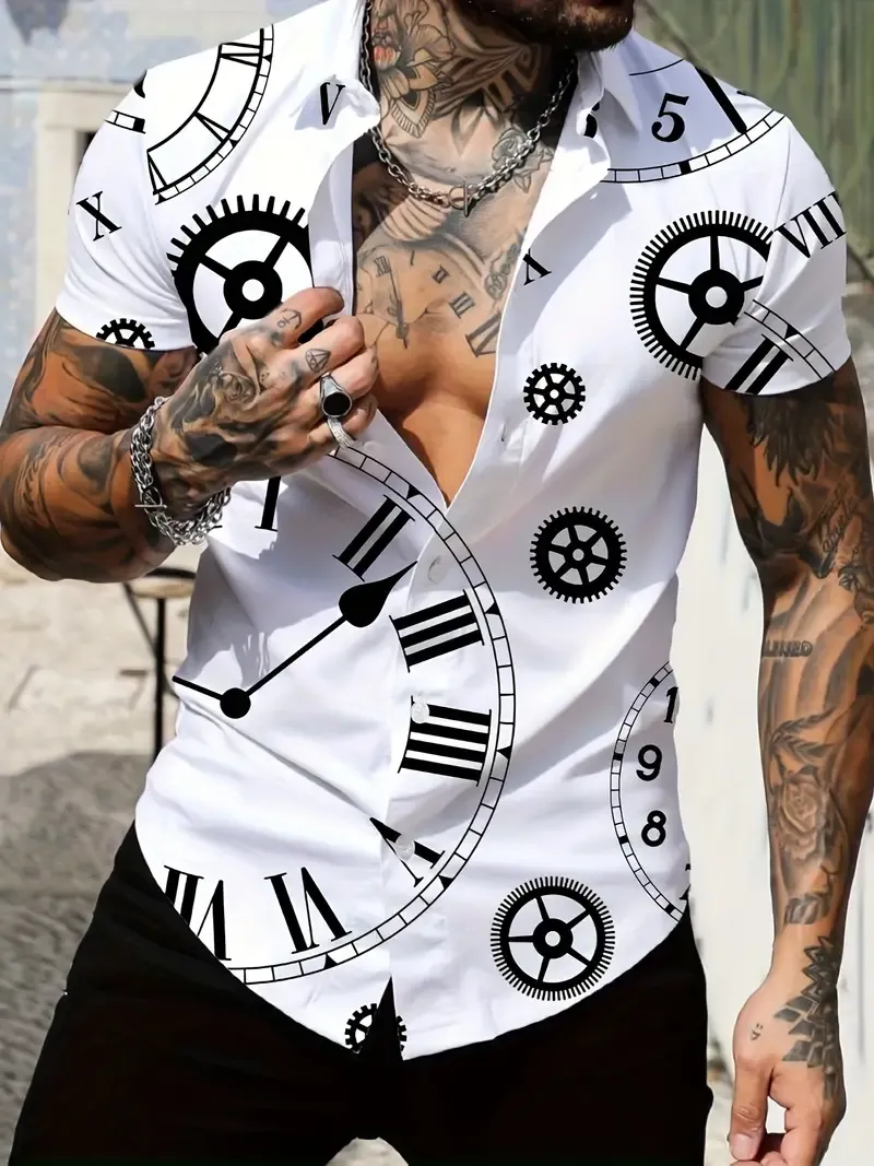 Retro Clocks Random Print Men's All-match Short Sleeve Lapel Shirt, Summer Holiday Top