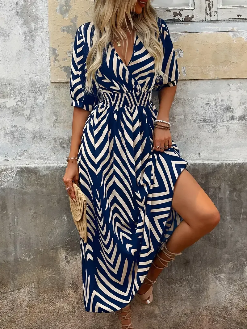 Chevron Print Surplice Neck A-line Dress, Vacation Short Sleeve Shirred Waist Midi Dress For Spring & Summer, Women's Clothing