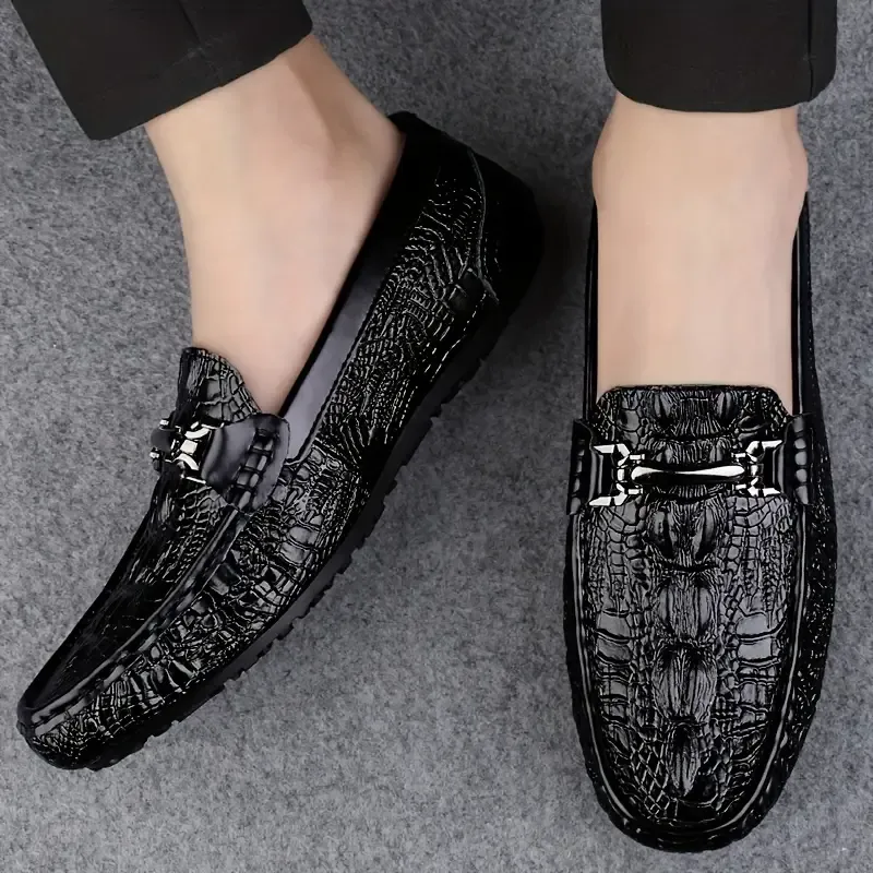 Men's Solid Color Lightweight Slip On Split Cow Leather Upper Loafer Shoes, Comfy Non Slip Casual Rubber Sole Dress Shoes, Men's Footwear