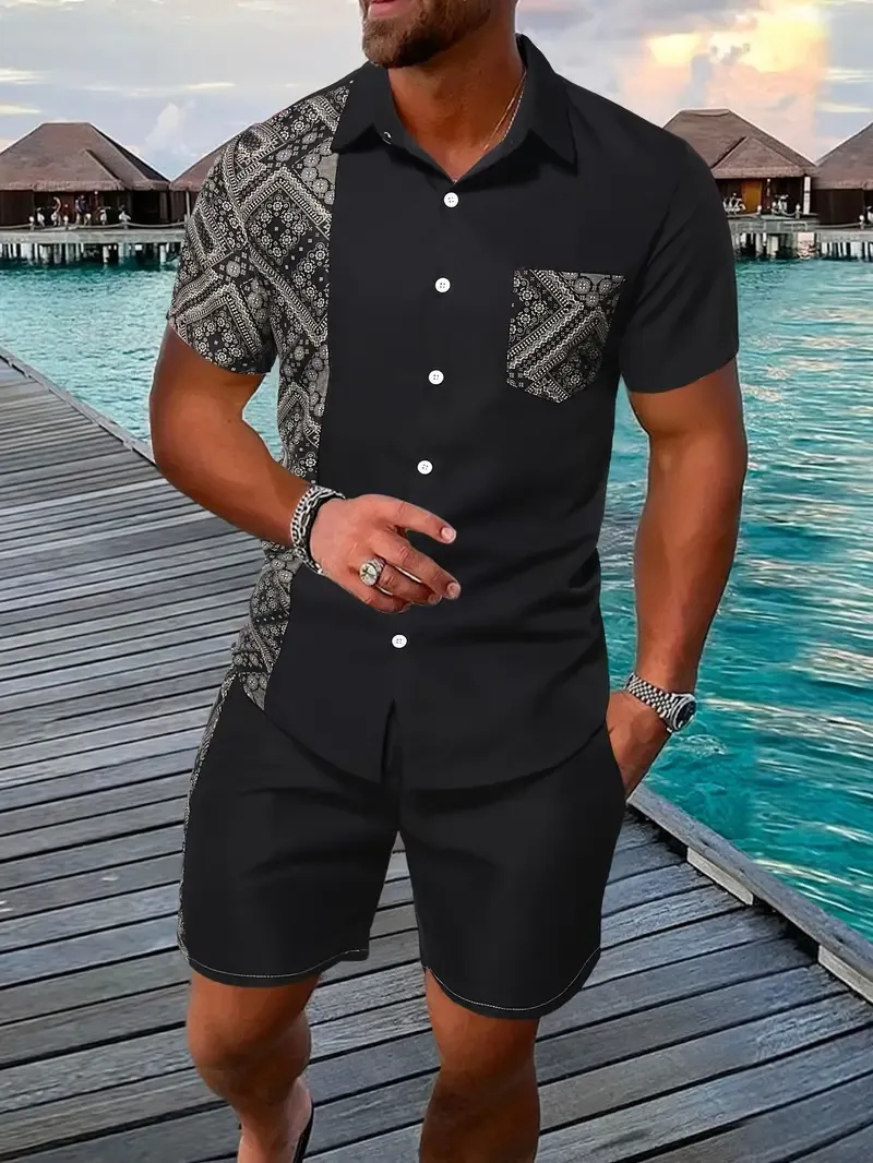 Men's Outfit, Geometric Pattern Casual Lapel Button Up Short Sleeve Shirt With Chest Pocket & Shorts 2-piece Set For Summer Outdoor Activities