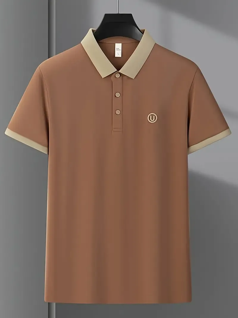 Men's Golf Shirt With Embroidered Design, Casual Slightly Stretch Button Up Golf Shirt, Men's Clothing For Summer Outdoor
