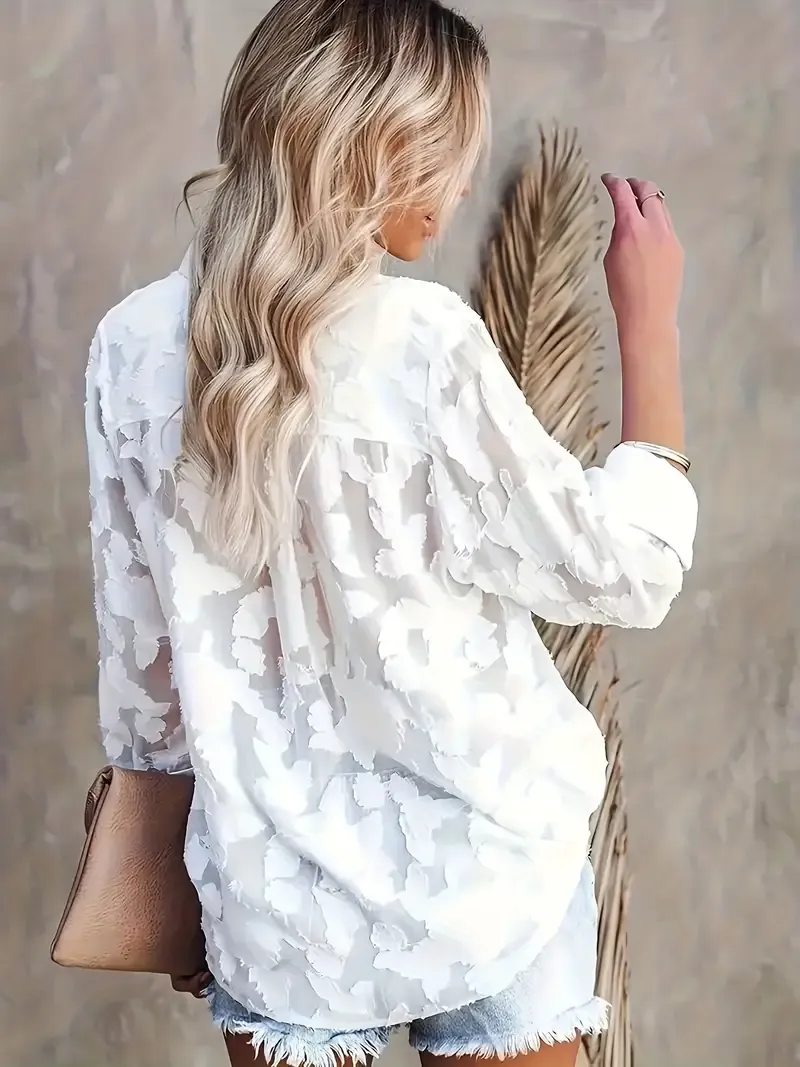 Jacquard Button Up Sheer Loose Blouse, Elegant Long Sleeve Blouse For Spring & Fall, Women's Clothing