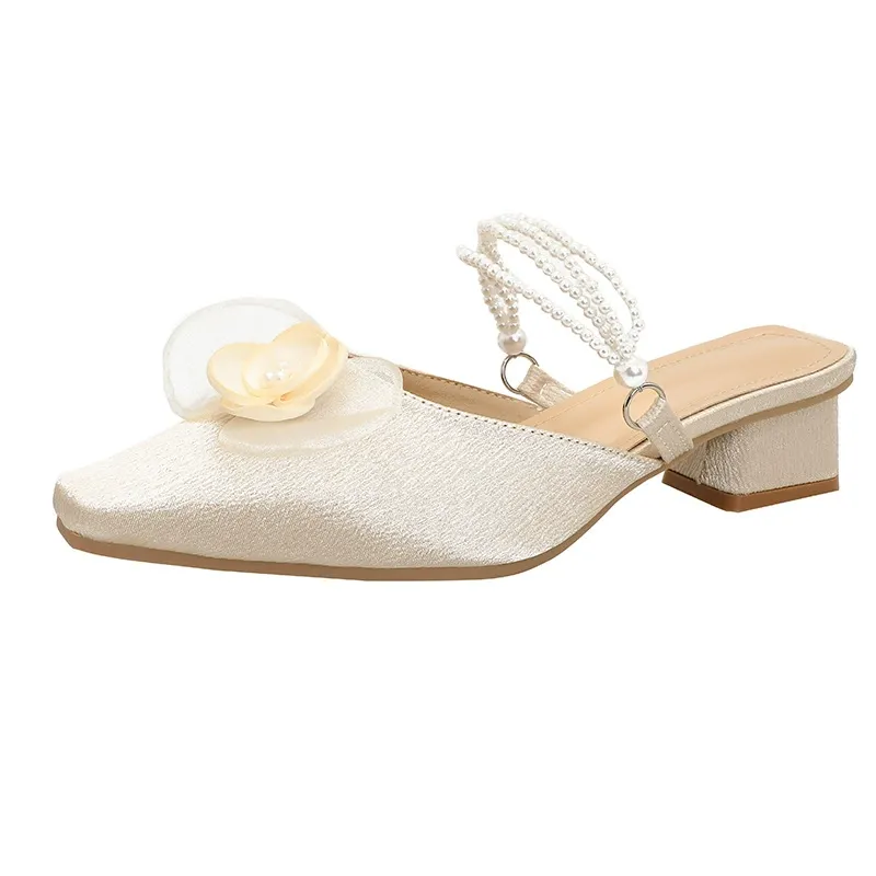 🔥2025 HOT SALE -50%🔥New Arrival Chunky Heel Mid-Height Women's Shoes Versatile Floral Silk Pumps French Mary Jane Square-Toe Flats for Women